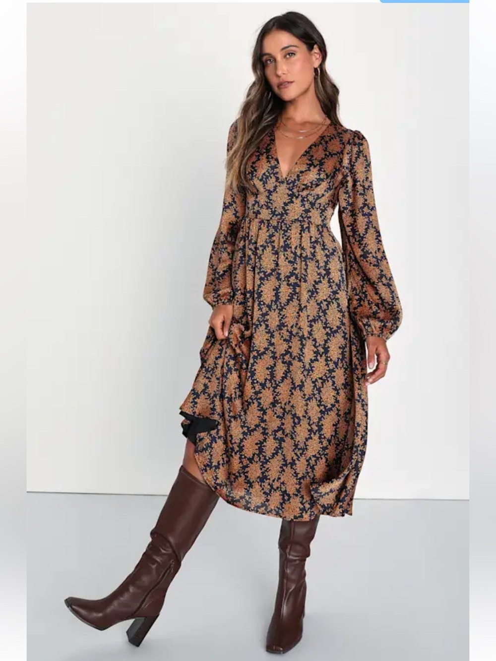 NWT Lulus Graceful Impression Black and Orange Floral Print Midi Dress